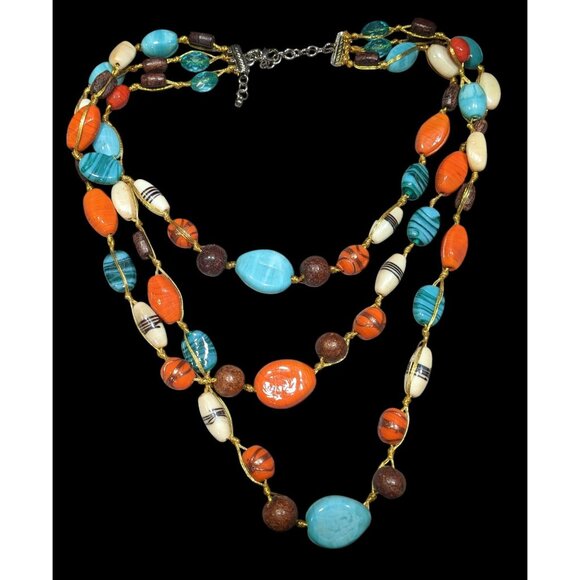 Bohemian Multilayer Blue And Orange Glass And Wood Beaded Necklace - Picture 2 of 10